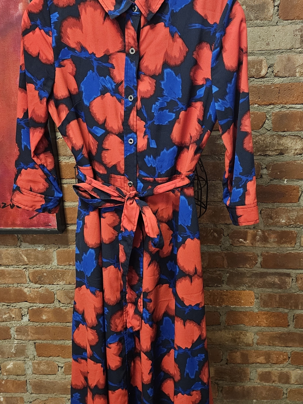 Women’s Red & Blue Floral Shirt Dress with Tie Waist